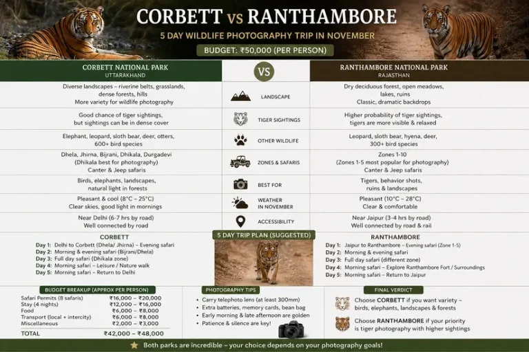 Compare Corbett and Ranthambore for a 5 Day Wildlife Photography Trip in November on a 50K Budget Compare Corbett and Ranthambore for a 5 Day Wildlife Photography Trip in November on a 50K Budget